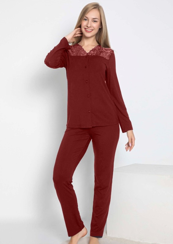 Kadın Uzunkol Dantelli Önü Düğmeli Pijama TakımıC840-243