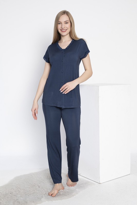 Kadın Önü Düğmeli Dantelli Pijama Takımı C840-787
