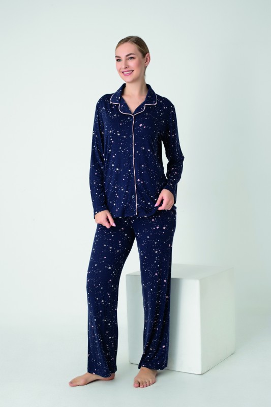 Kadın Viskon Önü Düğmeli Uzunkol Pijama Takım C840-901