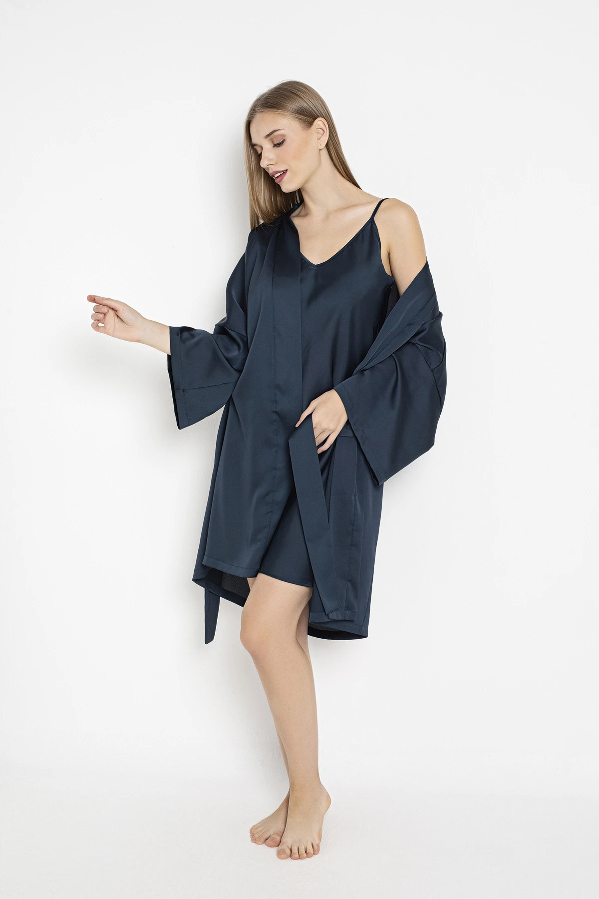 Kadın Saten İp Askılı Gecelik+Sabahlık Takım C840-602