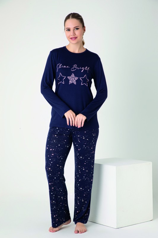 Kadın Viskon Bisiklet Yaka Önü Baskılı Uzunkol Pijama Takım C840-900