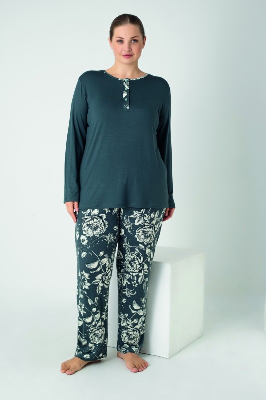 Kadın Battal Viskon Patlı Uzunkol Pijama Takım C840-912