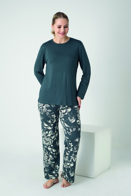 Kadın Viskon Bisiklet Yaka Uzunkol Pijama Takım C840-909