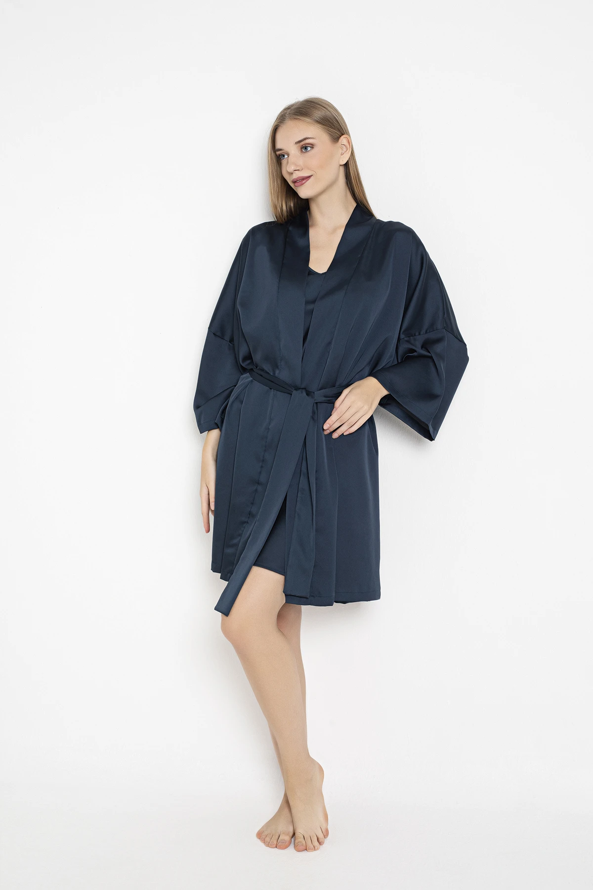 Kadın Saten İp Askılı Gecelik+Sabahlık Takım C840-602