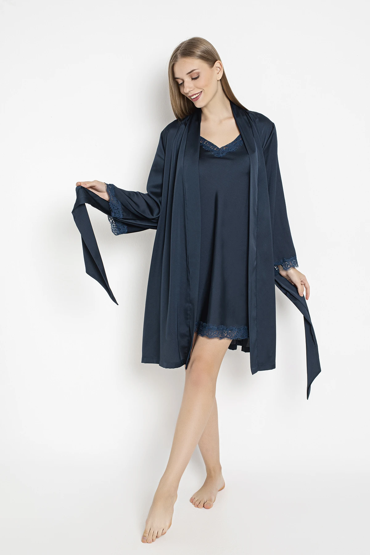 Kadın Saten Dantelli Gecelik+Sabahlık Takım C840-607