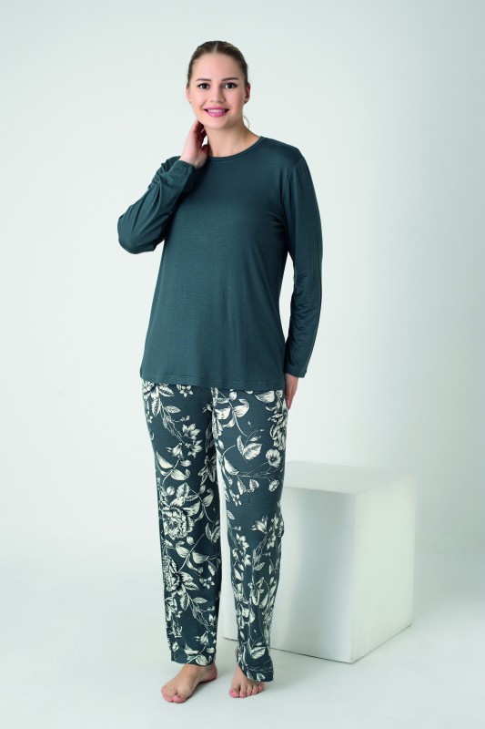 Kadın Viskon Bisiklet Yaka Uzunkol Pijama Takım C840-909