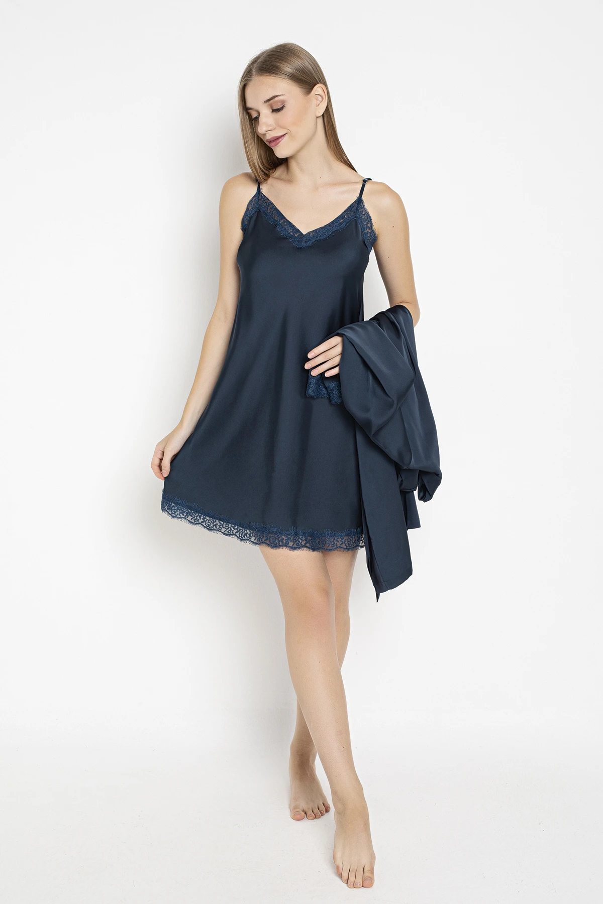 Kadın Saten Dantelli Gecelik+Sabahlık Takım C840-607