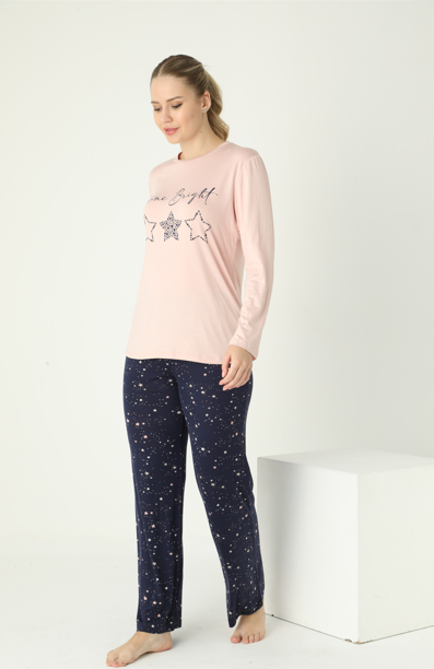 Kadın Viskon Bisiklet Yaka Önü Baskılı Uzunkol Pijama Takım C840-900