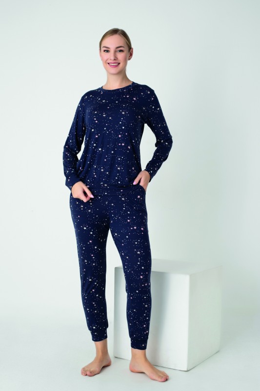 Kadın Viskon Bisiklet Yaka Uzunkol Pijama Takım C840-902