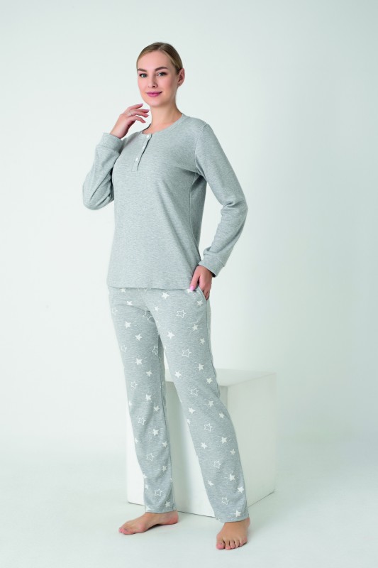 Kadın Penye İnterlok Patlı Uzunkol Pijama Takım C840-941