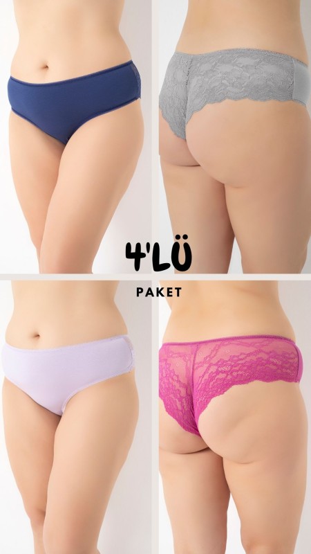 Kadın Büyük Beden Dantelli Bato Külot 4'lü Paket C804-005